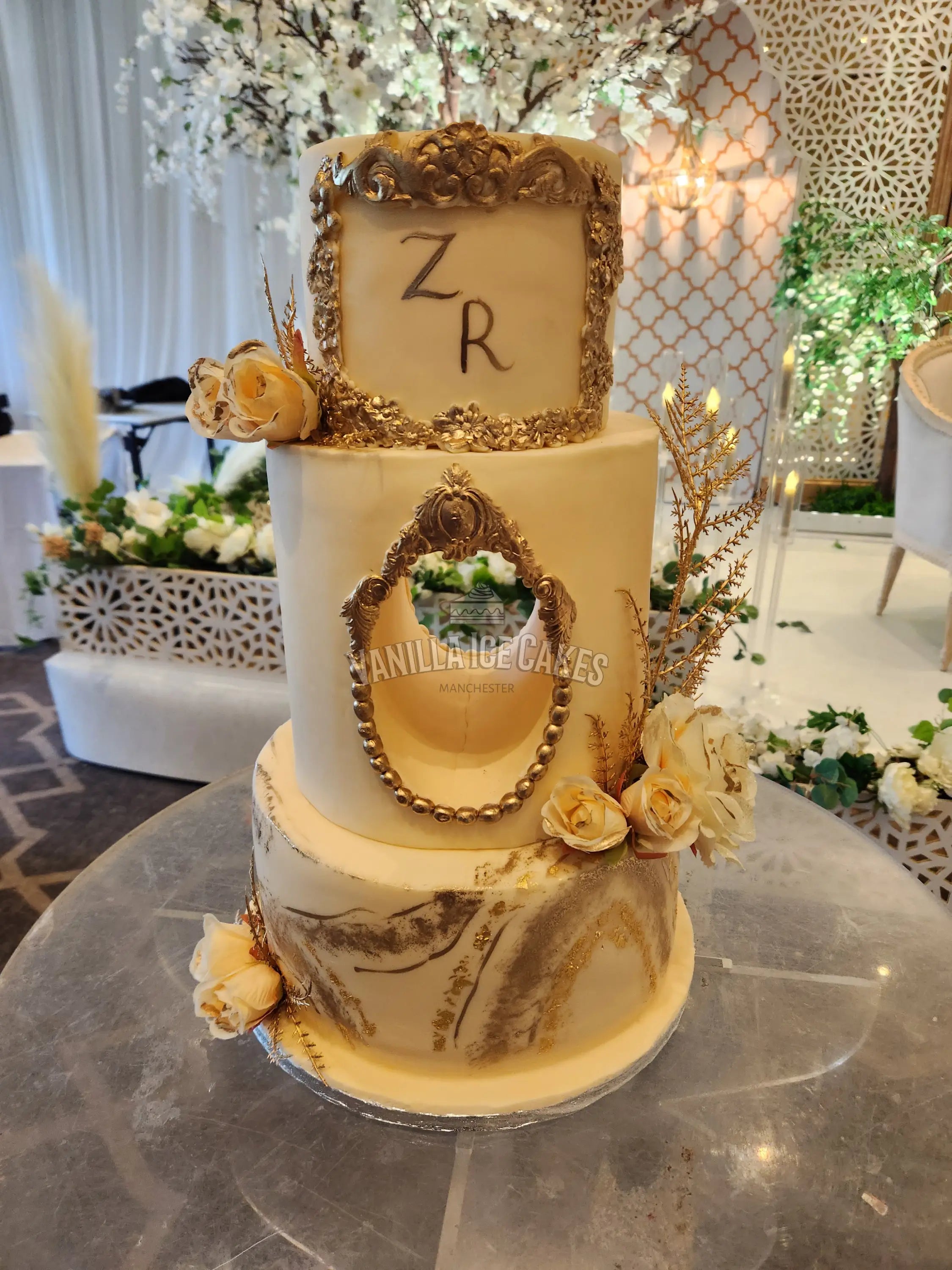 3 Tier Antique Gold Wedding Cake