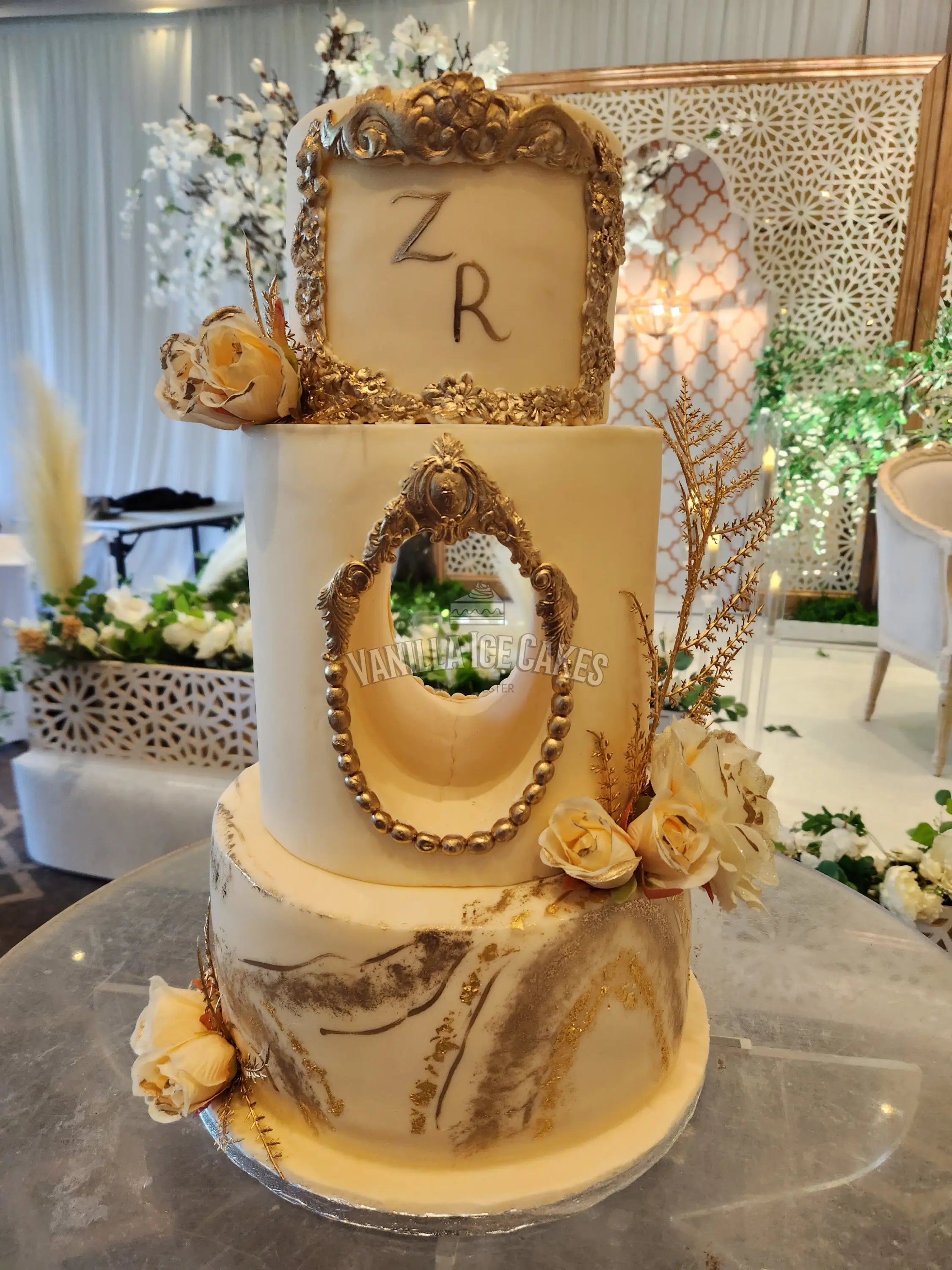 3 Tier Antique Gold Wedding Cake