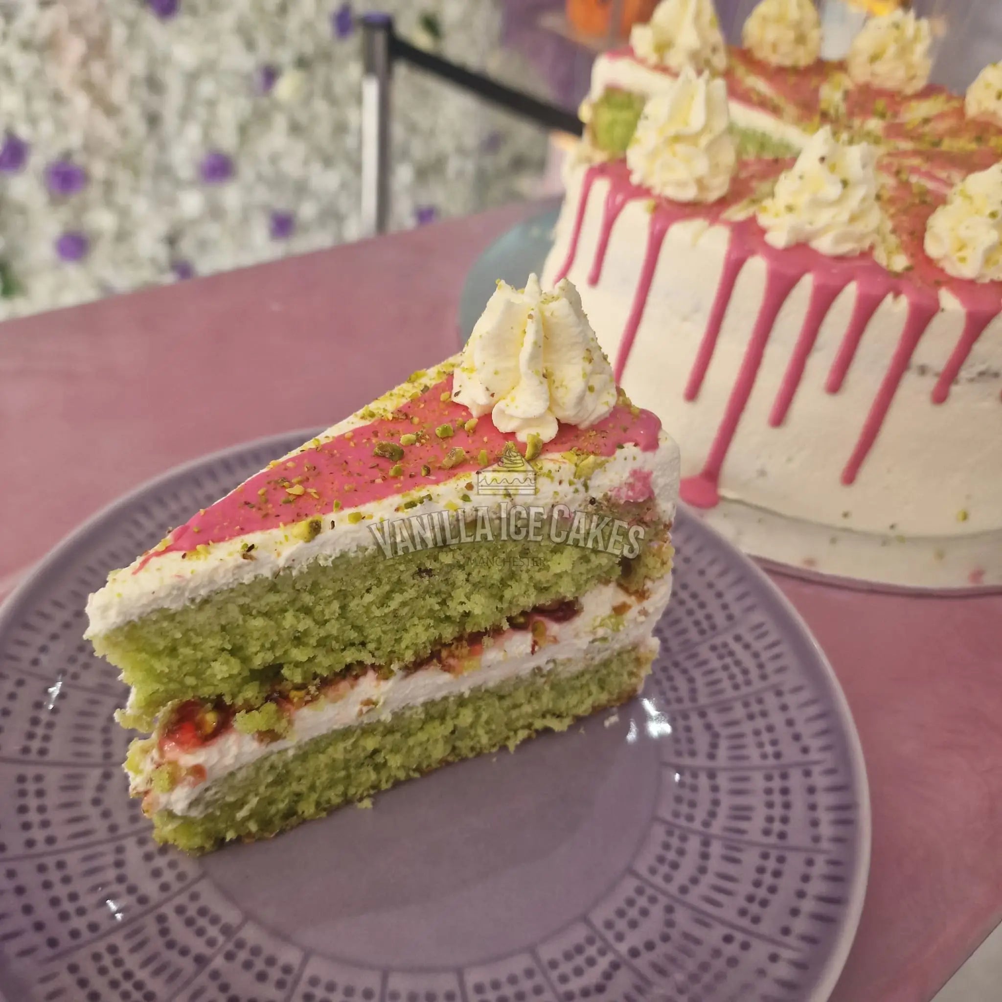 Pistachio & Raspberry Fresh Cream Cake Slice