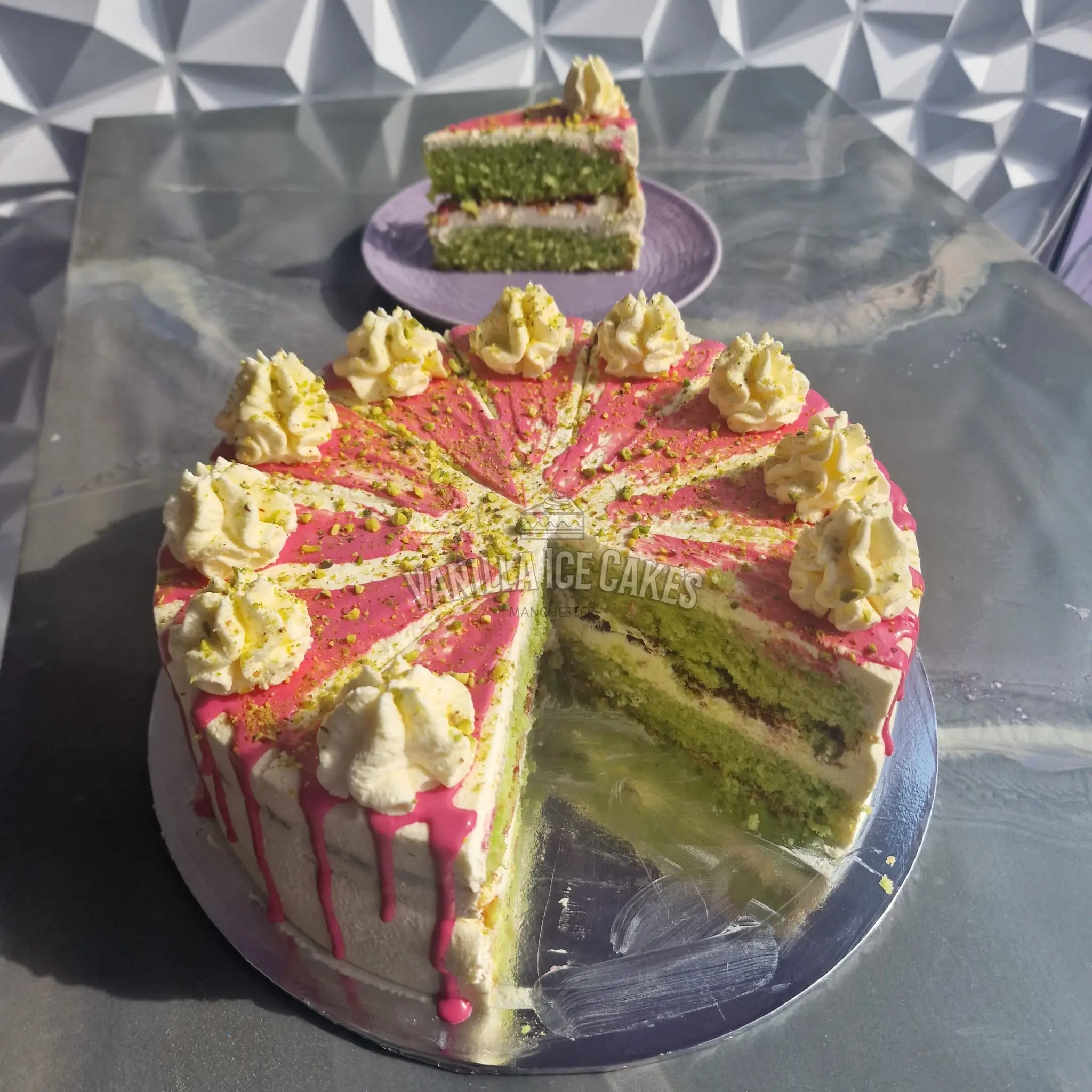 Pistachio & Raspberry Fresh Cream Cake Slice