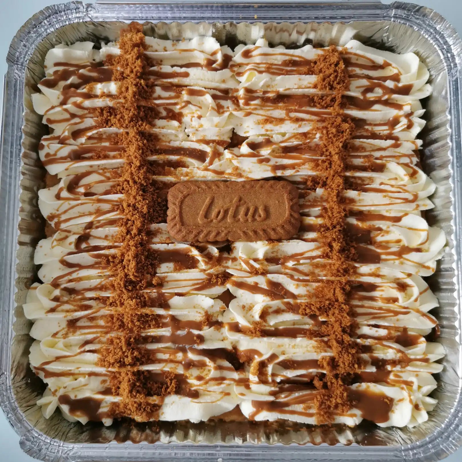 Lotus Biscoff dessert in foil pan.